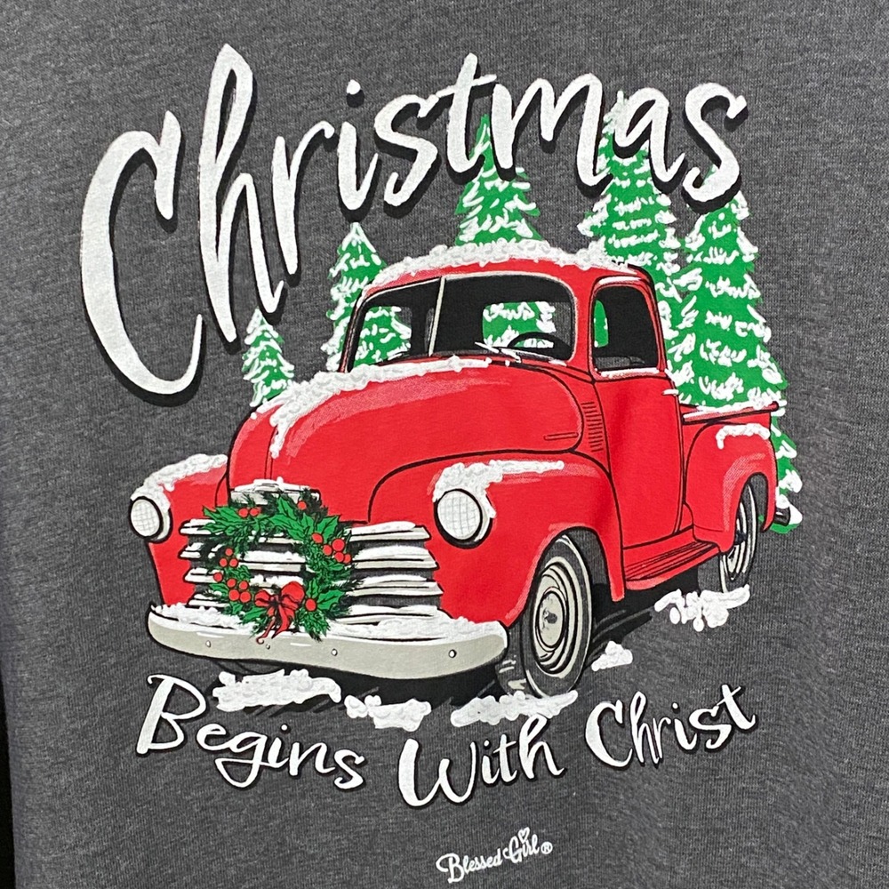 Blessed Girl Christmas Begins With Christ Red Truck Sweatshirt Gray XL BGW4790XL